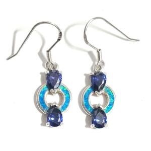 Sterling Silver Lab Opal & Tanzanite CZ Dangle Earrings